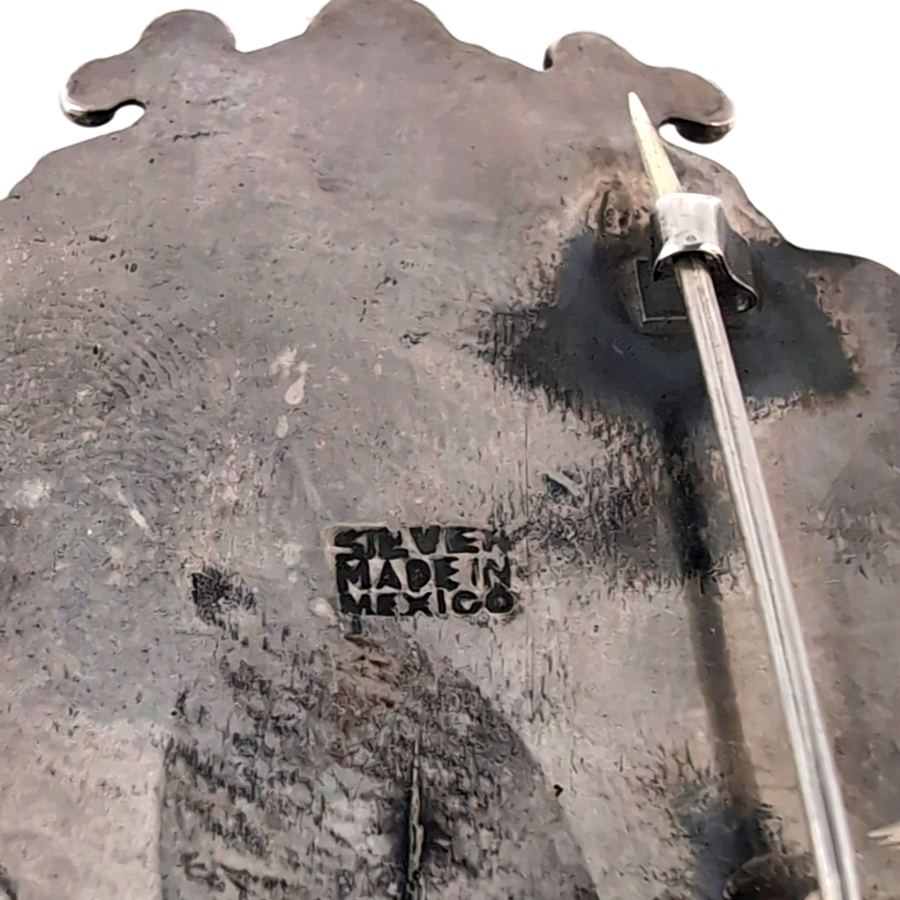 Vintage Sterling Silver Oval Cabochon Green Stone Agate ? Brooch Pin - Mexico - Picture 8 of 11